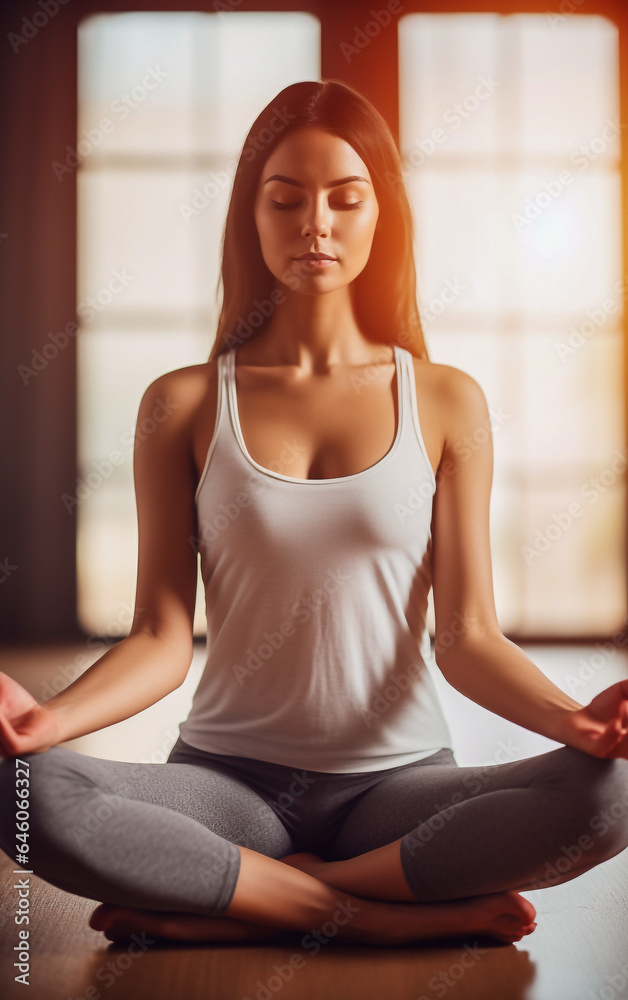 A young woman meditates with clasped hands while practicing yoga A young woman meditates with clasped hands while practicing yoga