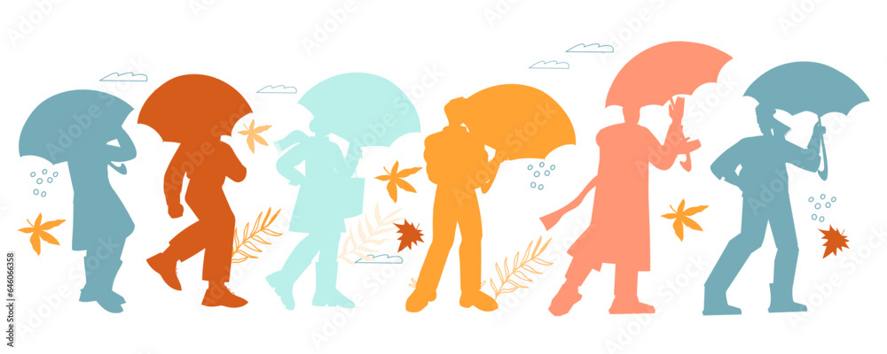 Colorful silhouettes of people walking in the rain, isolated flat vector illustration. People with umbrellas in rainy autumn weather.