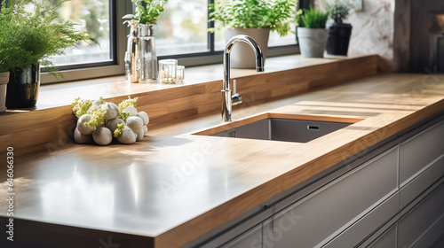 Wooden light empty worktop in a modern kitchen with a faucet sink, with a view from the window