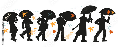 Silhouettes of people walking in the rain  isolated flat vector illustration. People with umbrellas black silhouettes or outline images.