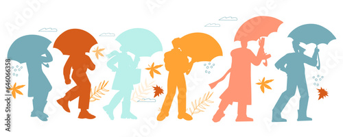Colorful silhouettes of people walking in the rain, isolated flat vector illustration. People with umbrellas in rainy autumn weather.