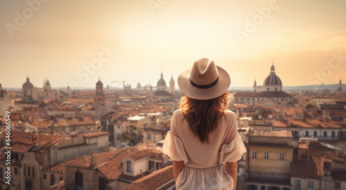 Back view of a female tourist with a big hat standing in front of a summer city. Concept motif on the theme of travel, wanderlust and city trip