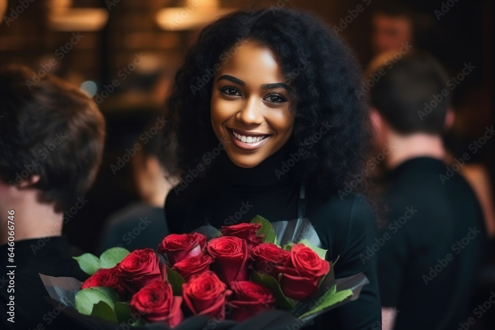 Black Woman Receiving Roses with Joy