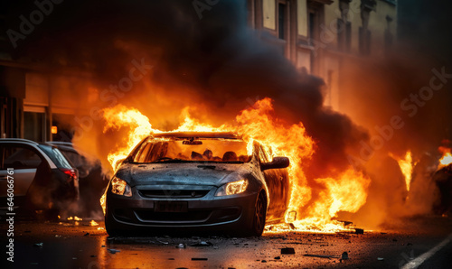 Burning car emitting thick smoke on a street. © Lidok_L