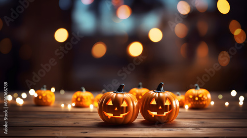 Halloween holiday background design. Horizontal banner template for cover. Jack-o'-lanterns on a wooden table. © Plawarn