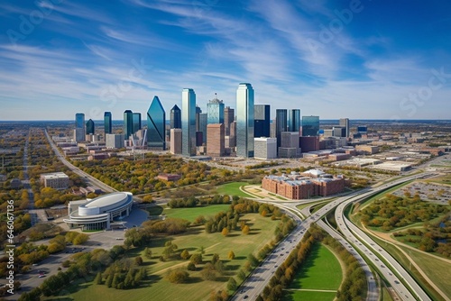 Breathtaking cityscape of Dallas downtown with prominent highway and park. Reunion tower is visible. Generative AI © Hanako