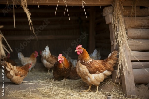 A henhouse with chicken and eggs. Generative AI
