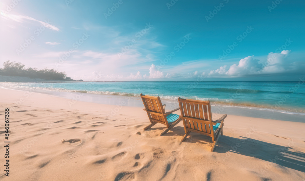 Tropical landscape with sun beds of the beach. Vacation on a beautiful island. For banner, postcard, book illustration. Created with generative AI tools