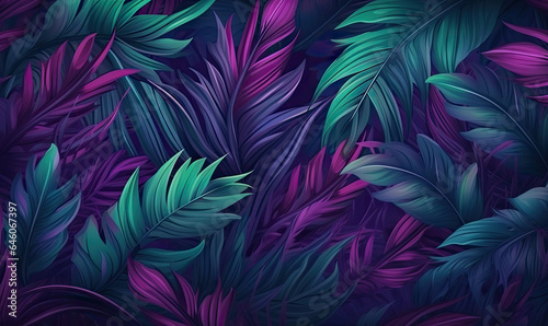 Tropical leaves wallpaper. Colorful neon abstract foliage background. For postcard, book illustration. Created with generative AI tools
