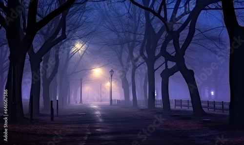 Foggy night park. Mysterious alley background. For banner, postcard, book illustration. Created with generative AI tools