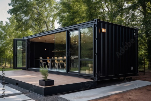 Sustainable shipping container transformed into modern minimalistic restaurant, office, or house. Generative AI