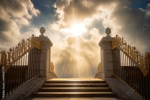 A heavenly stairway adorned by light and gates framed beneath billowy clouds. Generative AI