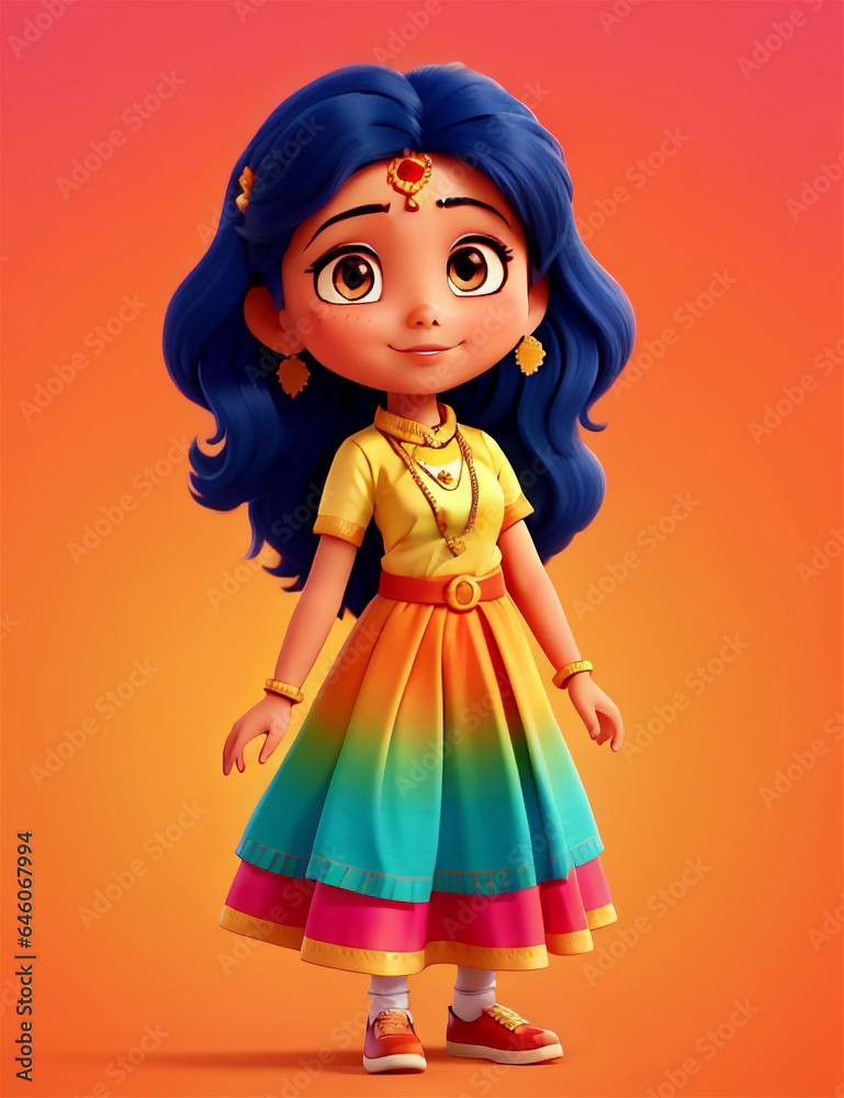 Cute indian cartoon child character with national costume of India colorful 3d character Cute indian cartoon child character with national costume of India colorful 3d character