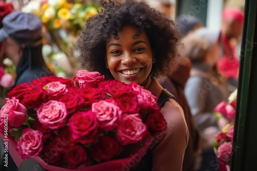 Happy Black Woman Surrounded by Roses © AIproduction
