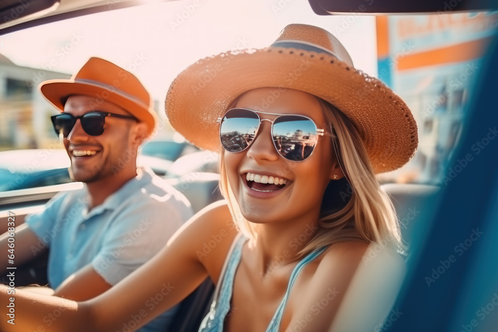 Smiling young couple in hats and sunglasses driving in car on road Smiling young couple in hats and sunglasses driving in car on road