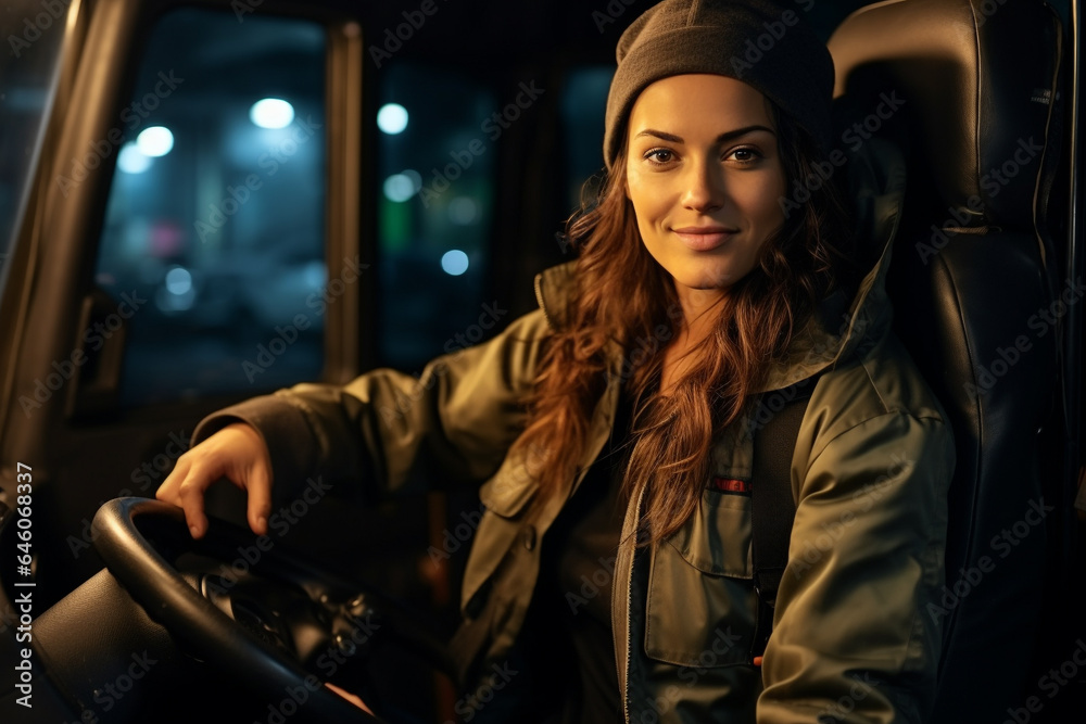 female trucker looking at camera in the night female trucker looking at camera in the night