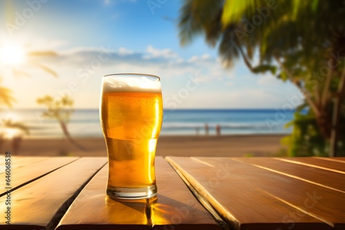 A delicious, refreshing glass of beer sits on a table next to a stunning beach and blue sea. Natural light. Generative AI.