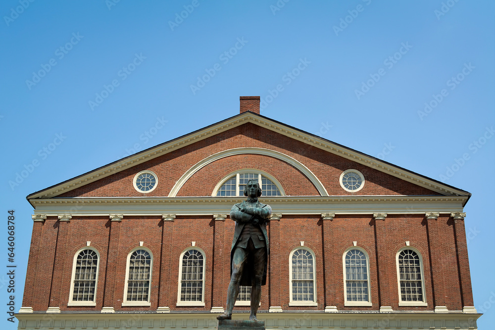 Faneuil Hall building with Samuel Adams statue in foreground, Boston, Massachusetts, USA