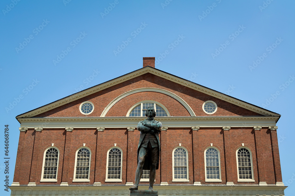 Faneuil Hall building with Samuel Adams statue in foreground, Boston, Massachusetts, USA Faneuil Hall building with Samuel Adams statue in foreground, Boston, Massachusetts, USA