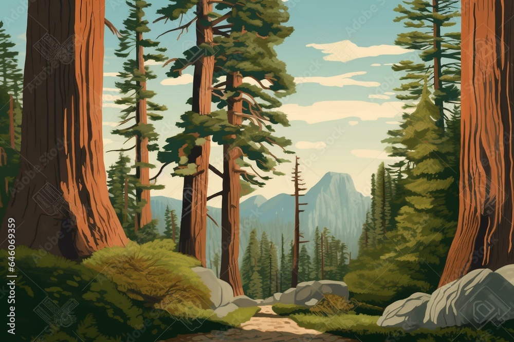 Artwork depicting Giant Sequoia National Monument in southern Sierra Nevada, California, USA, done in WPA or Federal Art Project style. Generative AI - obrazy, fototapety, plakaty 