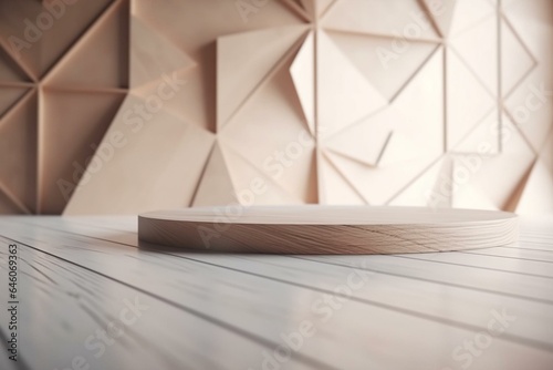 Abstract geometric background with crossed lines, corners, and polygon shapes. Wood table in soft light gradient white color. Minimalist urban style. Generative AI