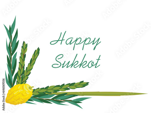 Happy Sukkot greeting card. Holiday background with Jewish festival traditional symbols of herbs and spices of the etrog, lulav, Arava, Hadas. Isolated on white background. Vector illustration