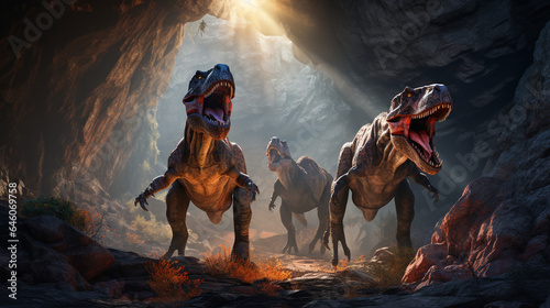 dinosaurs threatening primitive bright, generative ai photo