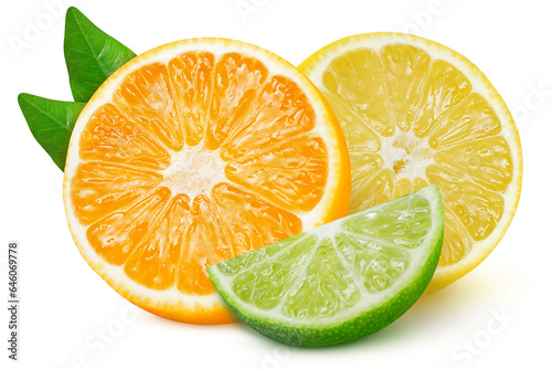 A slice of orange, lemon and lime on an isolated white background.