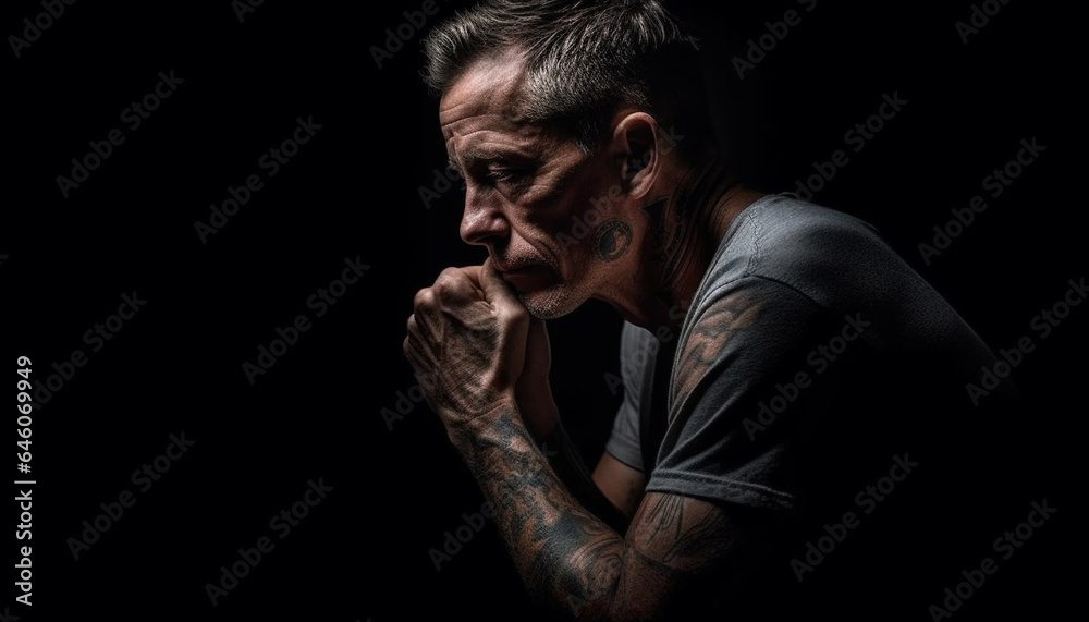 Sad, tattooed man in black and white portrait exudes loneliness generated by AI