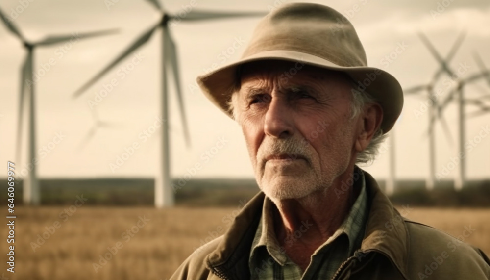 Active senior farmer in casual clothing smiles at wind turbine generated by AI