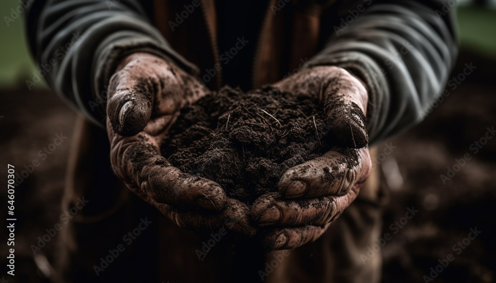 One man holding plant, working outdoors in agriculture environment generated by AI