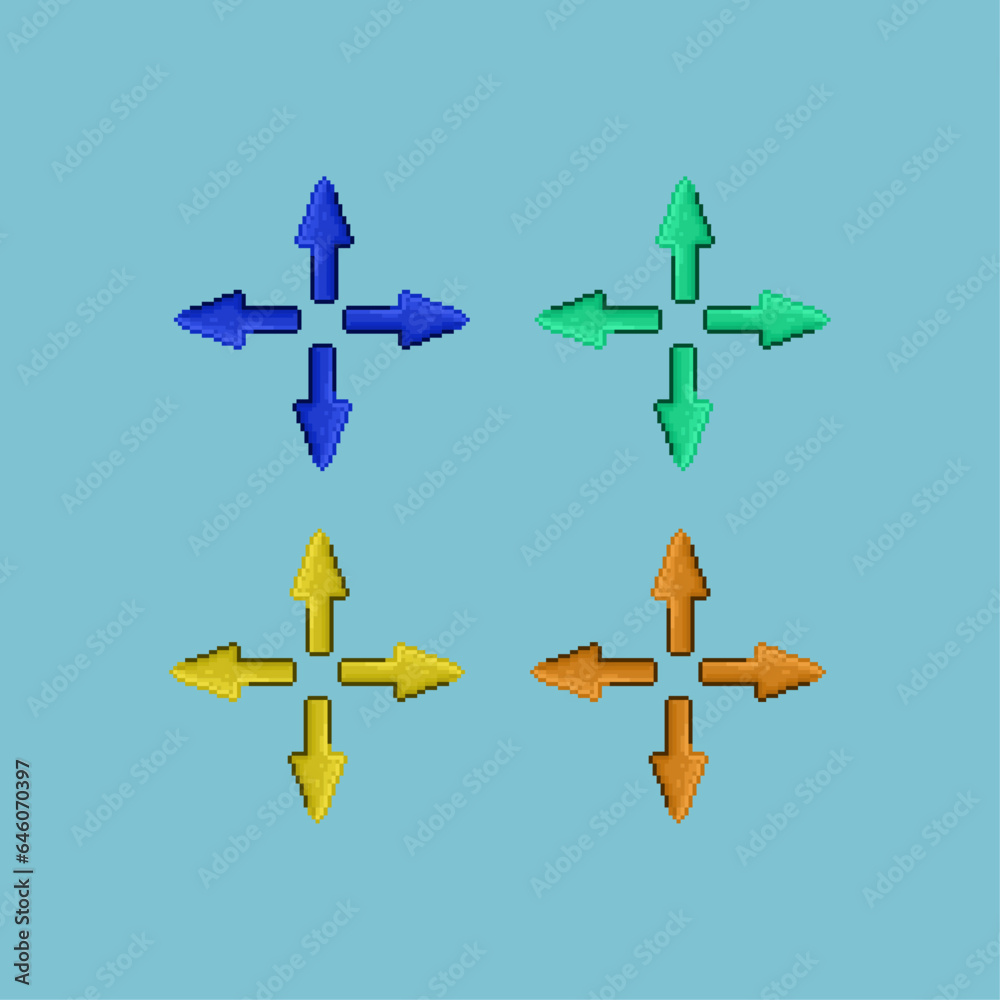 Pixel art sets of all direction arrow with variation color items asset. pixel arrow direction on pixelated style.8bits perfect for game asset or design asset element for your game design asset. Pixel art sets of all direction arrow with variation color items asset. pixel arrow direction on pixelated style.8bits perfect for game asset or design asset element for your game design asset.