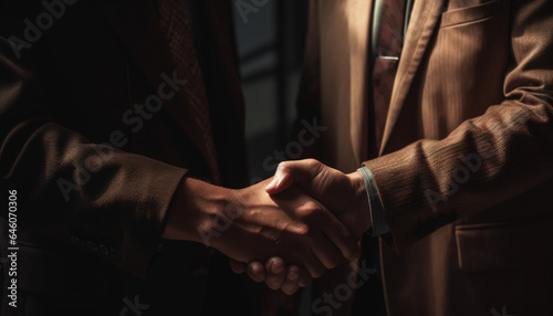 Successful business handshake between two confident professionals in corporate attire generated by AI © Stockgiu