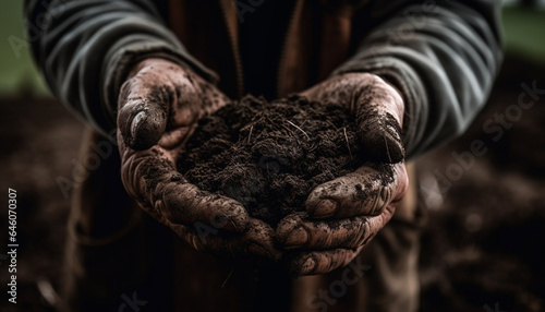 One man holding plant, working outdoors in agriculture environment generated by AI