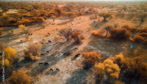 Yellow leaves adorn the African bush in tranquil autumn beauty generated by AI