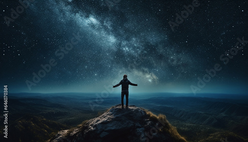 Standing on mountain peak, one person watches Milky Way constellation generated by AI