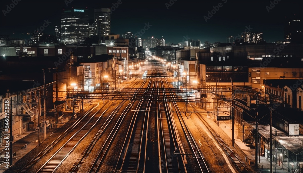 Illuminated city skyline, traffic blur, vanishing point, glowing nightlife, modern transportation generated by AI