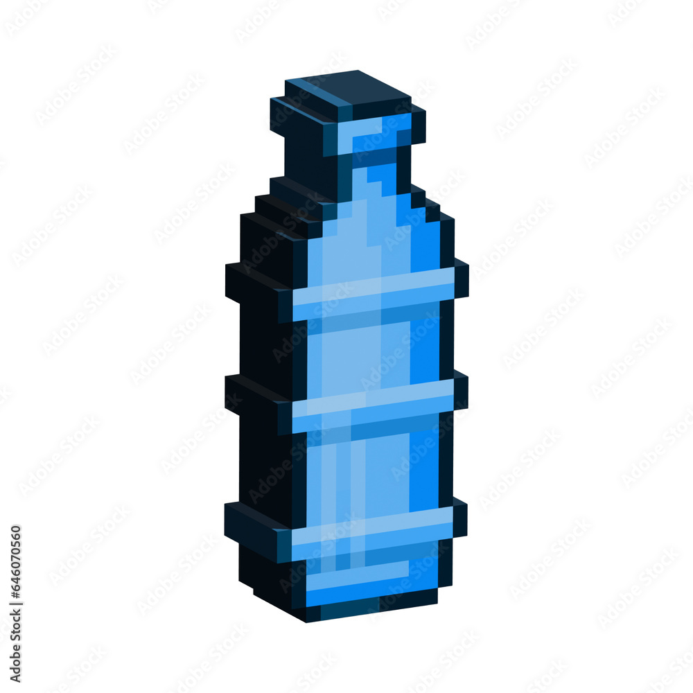 Fototapeta premium Isometric Pixel art 3d of blue bottle for items asset. simple 3d mineral bottle on pixelated style.8bits perfect for game asset or design asset element for your game design asset.