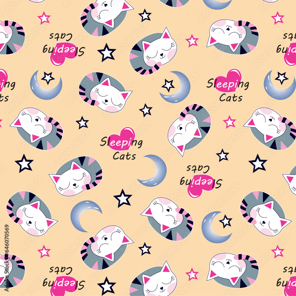 Sleeping cats stars and moons pattern with hearts Sleeping cats stars and moons pattern with hearts