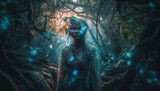 One woman, naked and spooky, looking at camera in surreal forest generated by AI