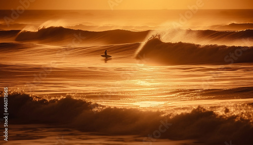 Silhouette surfing at dusk, horizon over water breaking yellow spray generated by AI