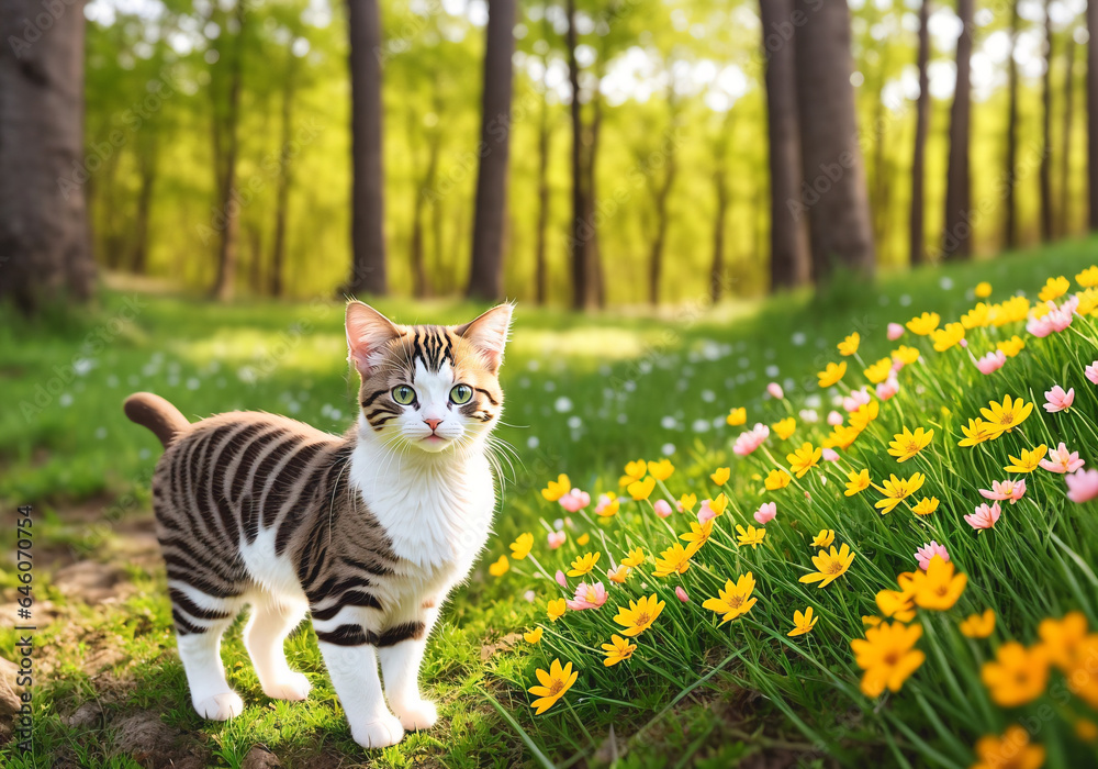 Cute cat on green grass in the spring garden with flowers