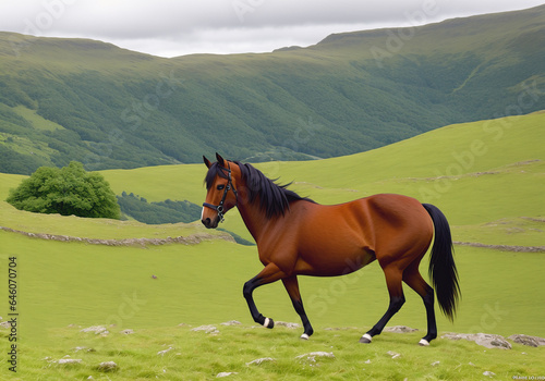 horse on a green meadow with mountains in the background.
