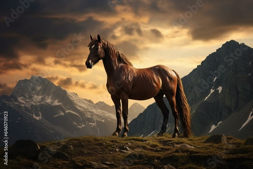 A majestic equine creature stands amidst breathtaking peaks. Generative AI © Sawyer