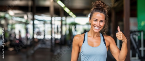 Caucasian female fitness trainer smiling at camera with thumb up in fitness background