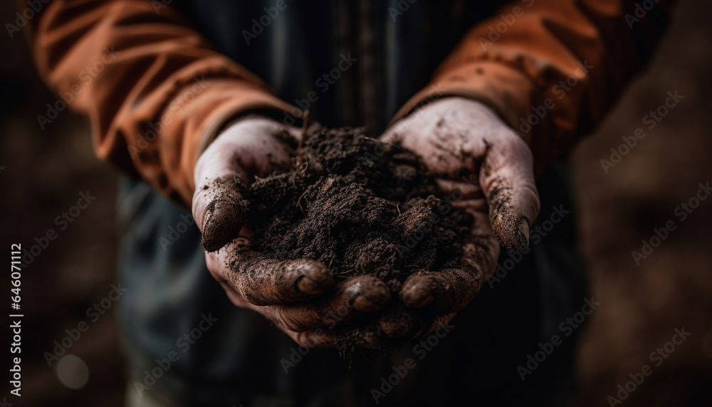 Man holding organic seedling, working outdoors in rural agriculture industry generated by AI Man holding organic seedling, working outdoors in rural agriculture industry generated by AI