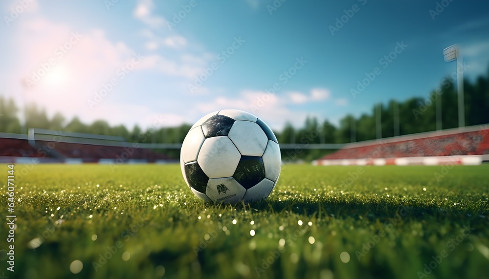 Fototapeta premium Football ball placed on the grass on a soccer field with copy space