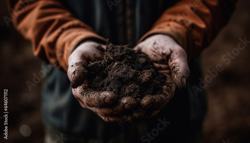 Man holding organic seedling, working outdoors in rural agriculture industry generated by AI