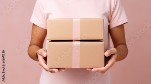 a woman holding a brown cardboard boxes. © Pro Hi-Res