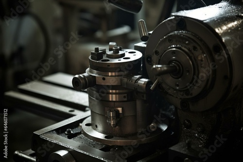 A contemporary metalworking mill in the midst of precision cutting. Shallow focus. Generative AI